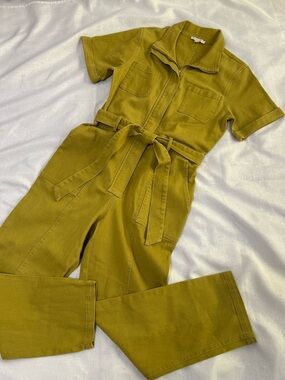 Skies Are Blue Mustard Yellow Utility Short-Sleeve Jumpsuit with Tie Belt